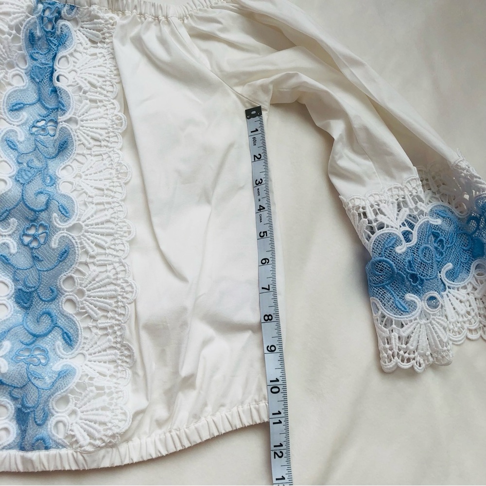 White Off-Shoulder Crop Top with Blue Lace Trim • Express Size XS - Picture 9 of 11
